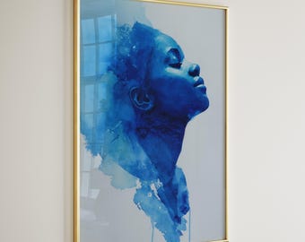 Moderne blauwe muurkunst portret aquarel portret – poster minimalistisch abstract gezicht | Niet ingelijst - alleen afdrukken