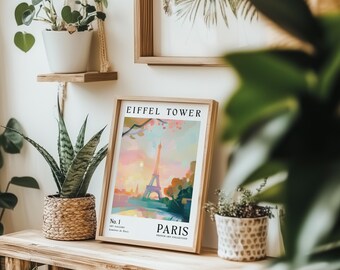 Sonnenuntergang Eiffelturm Wandbild | Paris Wandkunst | Mädchen Schlafzimmer Dekor | Bunter abstrakter Druck | Pastell Wandkunst | Ungerahmt - Nur Druck