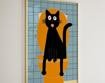 Funny Black Cat Toilet Wall Art – Whimsical Bathroom Poster, Bold Pop Art Pet Print, Humorous Cat Illustration | Unframed - Print Only