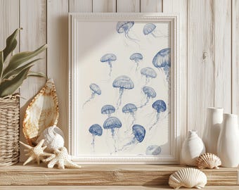 Watercolour Jellyfish Print | Minimalist Ocean Wall Art | Blue Marine Life Decor | Minimalist Coastal Wall Print | Unframed - Print Only