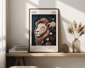 Leo Sternzeichen Löwe Blumendruck | Leo Löwe Wandkunst | Löwe Sternzeichen Print | Floral Astrologie Poster | Ungerahmt - Nur Druck