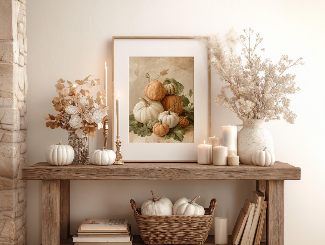 Vintage Pumpkin Stack Art Print | Neutral Fall Harvest Wall Décor ...