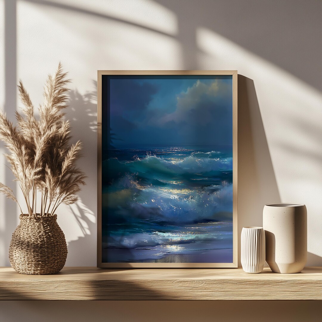 Moonlit Waves Print | Evening Coastal Wall Art | Dramatic Ocean Wall ...