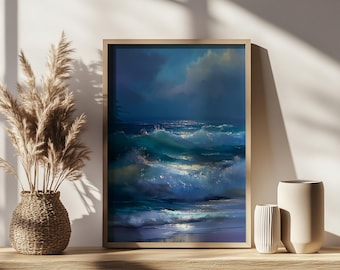 May include: A framed painting of ocean waves in shades of blue and white. The artwork shows crashing waves under a cloudy sky, with a wooden frame. The painting is displayed on a wooden shelf with decorative vases and dried plants in a woven basket.