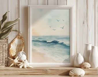 Ocean Pastel Beach Print | Watercolour Evening Beach Poster | Ocean Waves Wall Art | Sea Poster | Ocean Art | Unframed - Print Only