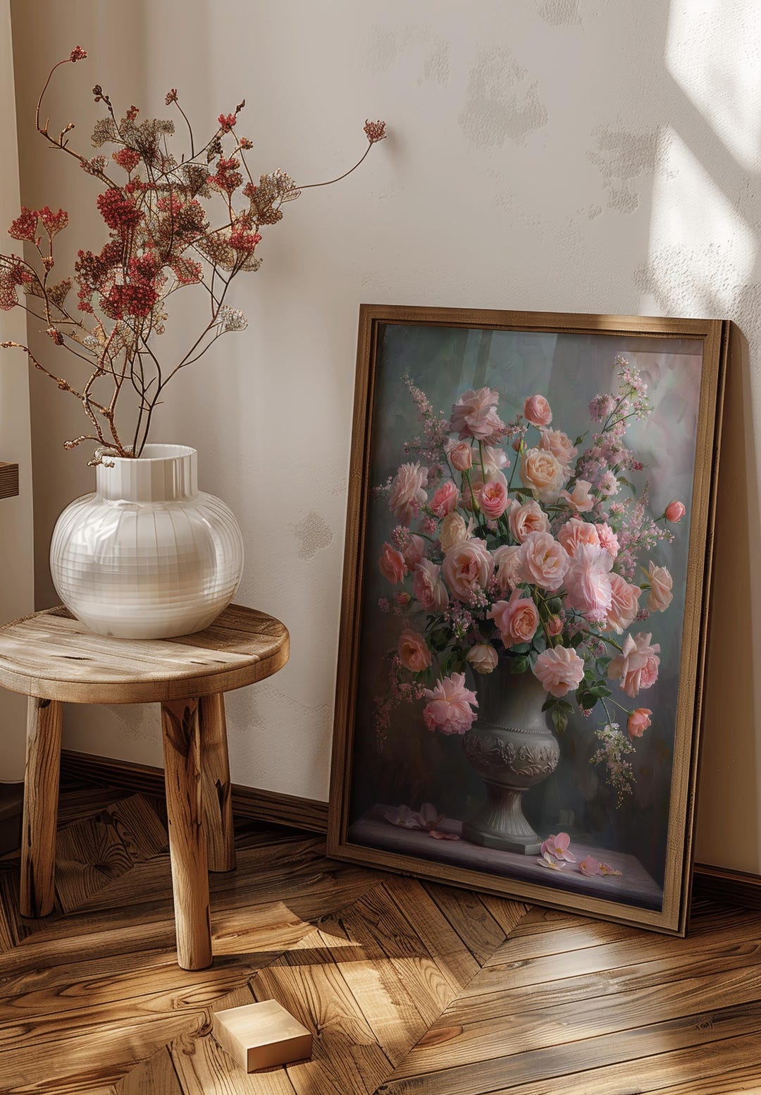 Soft Pink Rose Floral Wall Art – Elegant Flower Vase Print | Unframed ...