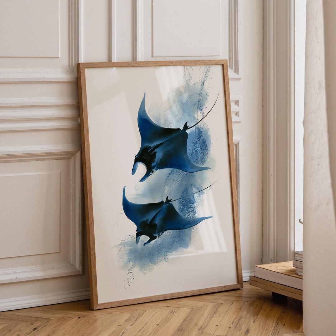 Manta Ray Wall Art Print – Minimal Blue Ocean Wall Decor | Unframed ...