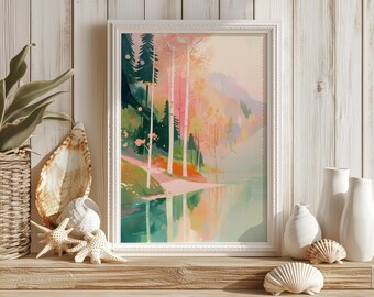 Soft Pastel Landscape Print | Pastel Lake Print | Girls Bedroom Decor | Beautiful Vibrant Abstract Art | Unframed - Print Only