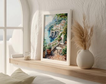 Amalfi Küste Terrasse Aquarell Druck | Italienische Kunst am Meer | Mediterran Dekor | Amalfiküste Kunstdruck | Ungerahmt - Nur Druck