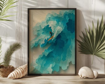 May include: A framed art print featuring a surfer riding a large, stylized ocean wave. The wave is depicted in shades of blue and white, with a surfer in a black wetsuit on a yellow surfboard. The artwork is framed in a black frame.