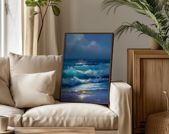 May include: A framed painting of ocean waves in shades of blue, teal, and white. The artwork shows a seascape with foamy waves under a cloudy sky. The painting is displayed on a beige sofa in a well-lit room.