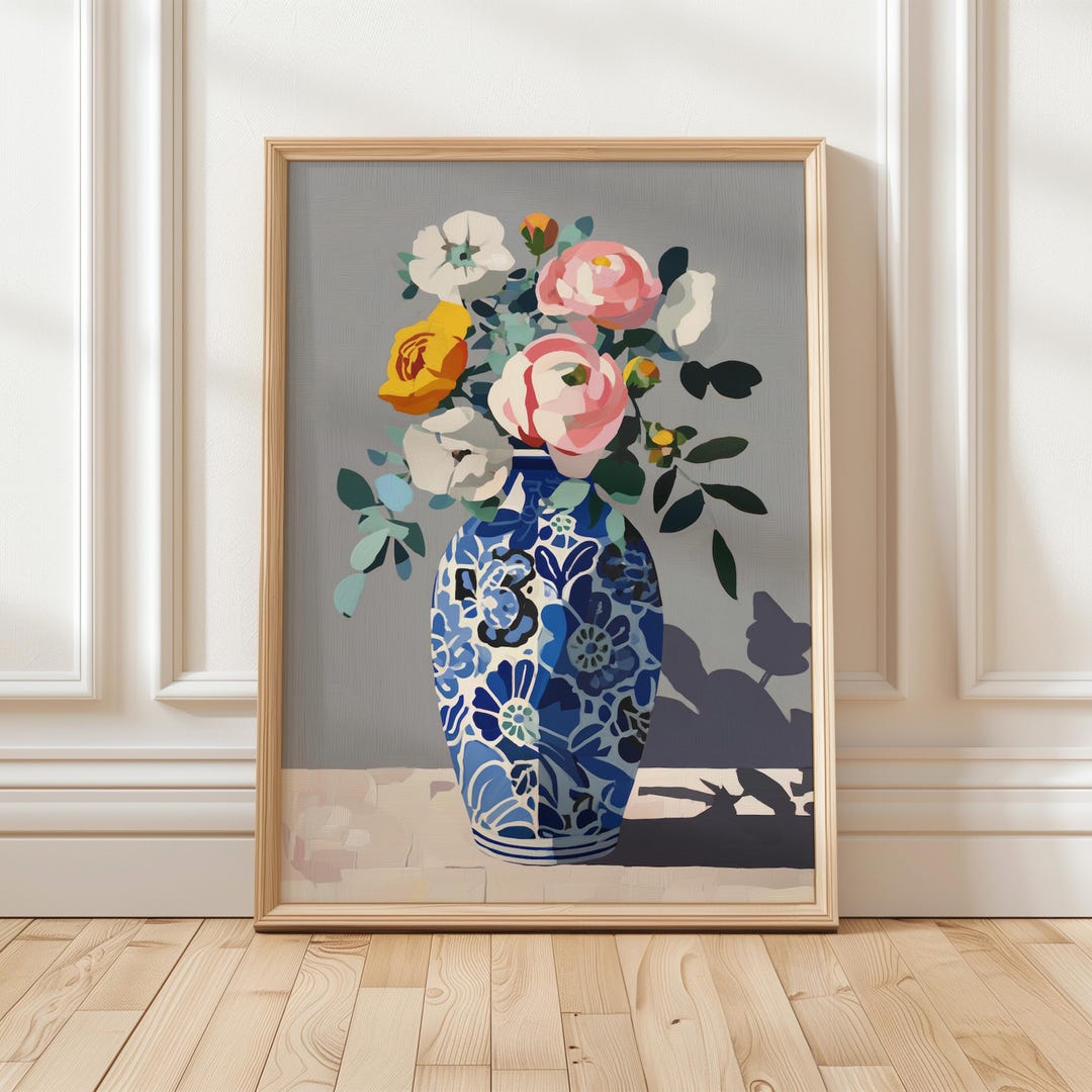 Blue Vase Floral Wall Art Print – Modern Still Life Flower Decor ...