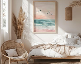 Ocean Sunset Beach Print | Watercolour Sunset Beach Poster | Ocean Waves Wall Art | Sea Poster | Ocean Art | Unframed - Print Only