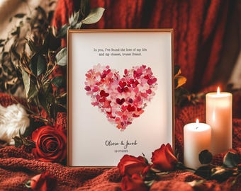 Stampa personalizzata con cuori floreali per coppie / Regalo di anniversario / Regalo di San Valentino / Stampa fidanzato/fidanzata / Senza cornice - Solo stampa