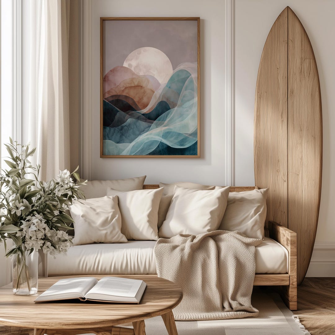 Abstract Mountain Ocean Moon Art Print – Neutral Landscape Wall Decor ...