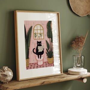 Grappige kattentoilet-print | Print met eigenzinnige kattenlezing | Zwarte kat badkamer wanddecoratie | Niet ingelijst - alleen afdrukken