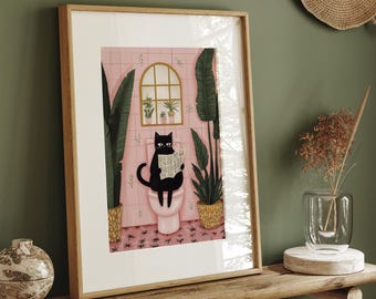 Funny Cat Toilet Print | Quirky Cat Reading Print | Black Cat Bathroom Wall Décor | Unframed - Print Only