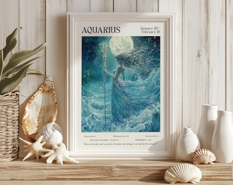 Celestial Aquarius Goddess Wall Print | Aquarius Zodiac Print | Aquarius Water Bearer Print | Aquarius Horoscope Art | Unframed - Print Only