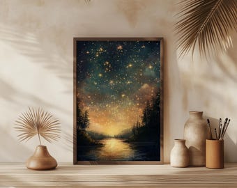 Aquarel sterrenhemel nachtelijke hemel | Hemelse landschapskunst aan de muur | Natuurdecoratie | Op Galaxy geïnspireerde nachtelijke hemelprint | Niet ingelijst - alleen afdrukken