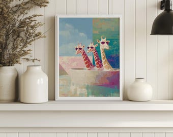 Funny Giraffe Wall Art Print – Cool Sunglasses Giraffes in Bathtub Poster | Unframed - Print Only