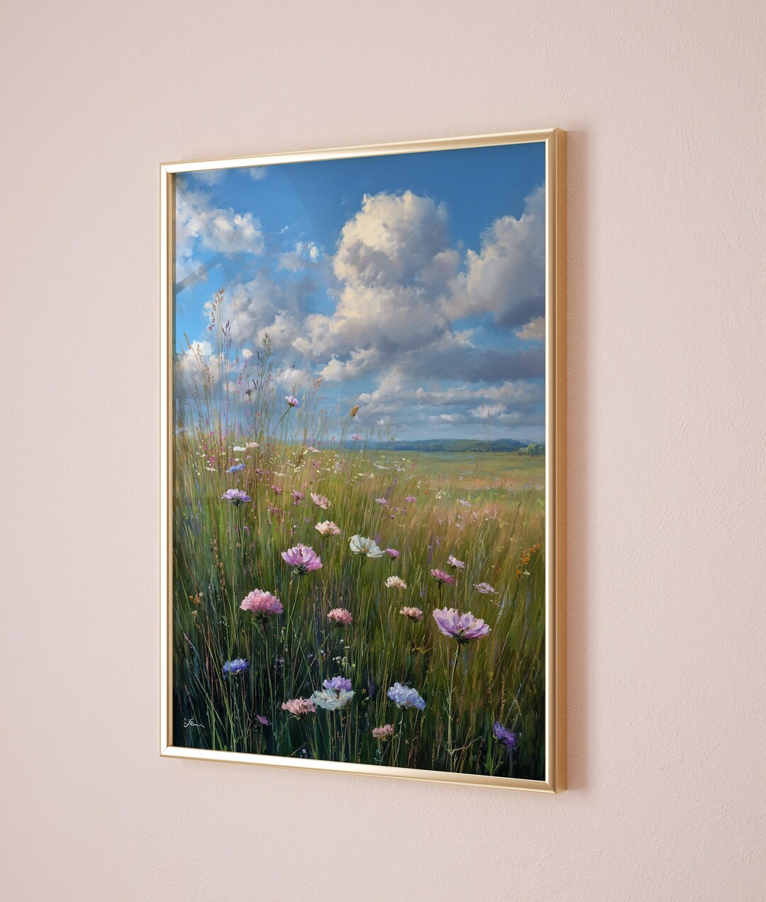 Wildflower Meadow Landscape Art Print – Pastel Sky Floral Wall Art ...