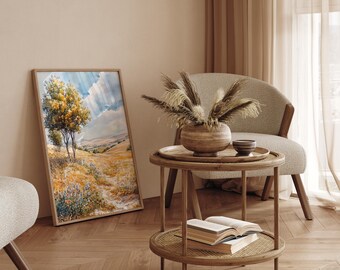 Stampa di paesaggio di prato dorato / Stampa artistica di campagna ad acquerello / Stampa di illustrazione di natura rustica / Decorazione naturale / Senza cornice - Solo stampa
