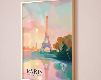Sonnenuntergang Eiffelturm Wandbild | Paris Wandkunst | Mädchen Schlafzimmer Dekor | Bunter abstrakter Druck | Pastell Wandkunst | Ungerahmt - Nur Druck
