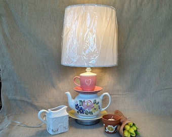 Stacked Teacup/Teapot Lamp with blue/yellow/pink floral motif