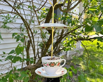 Teacup Hanging Bird Feeder/Up-Cycled/2-Tier/Gift Idea