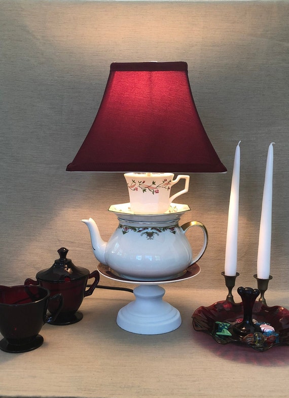 Burgundy/white Stacked Teapot and Teacup Table Lamp Etsy