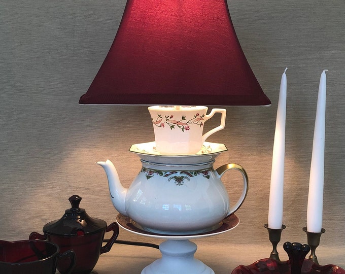 Burgundy/white Stacked Teapot and Teacup Table Lamp Etsy