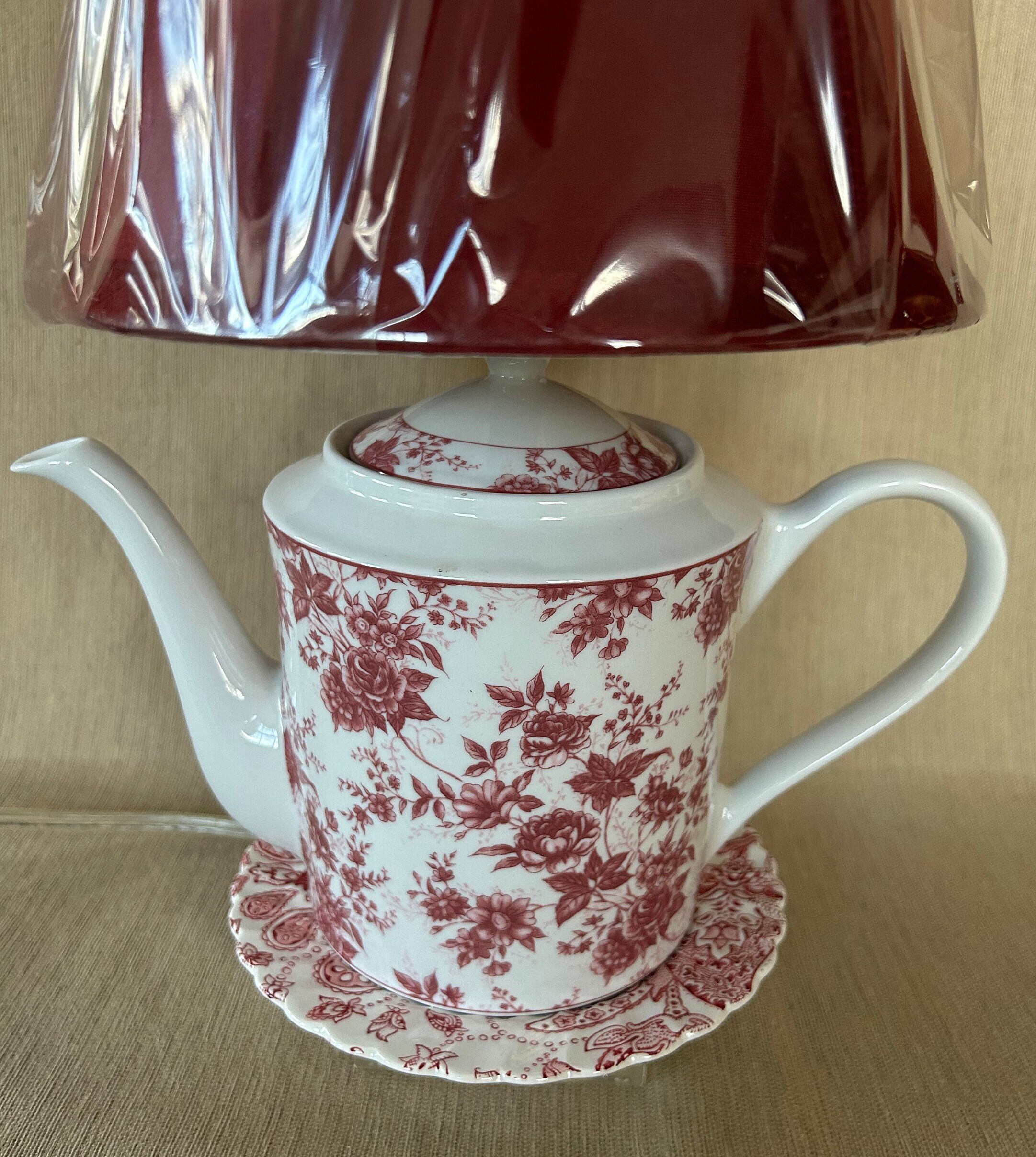 Red Floral Stacked Teapot Lamp Etsy