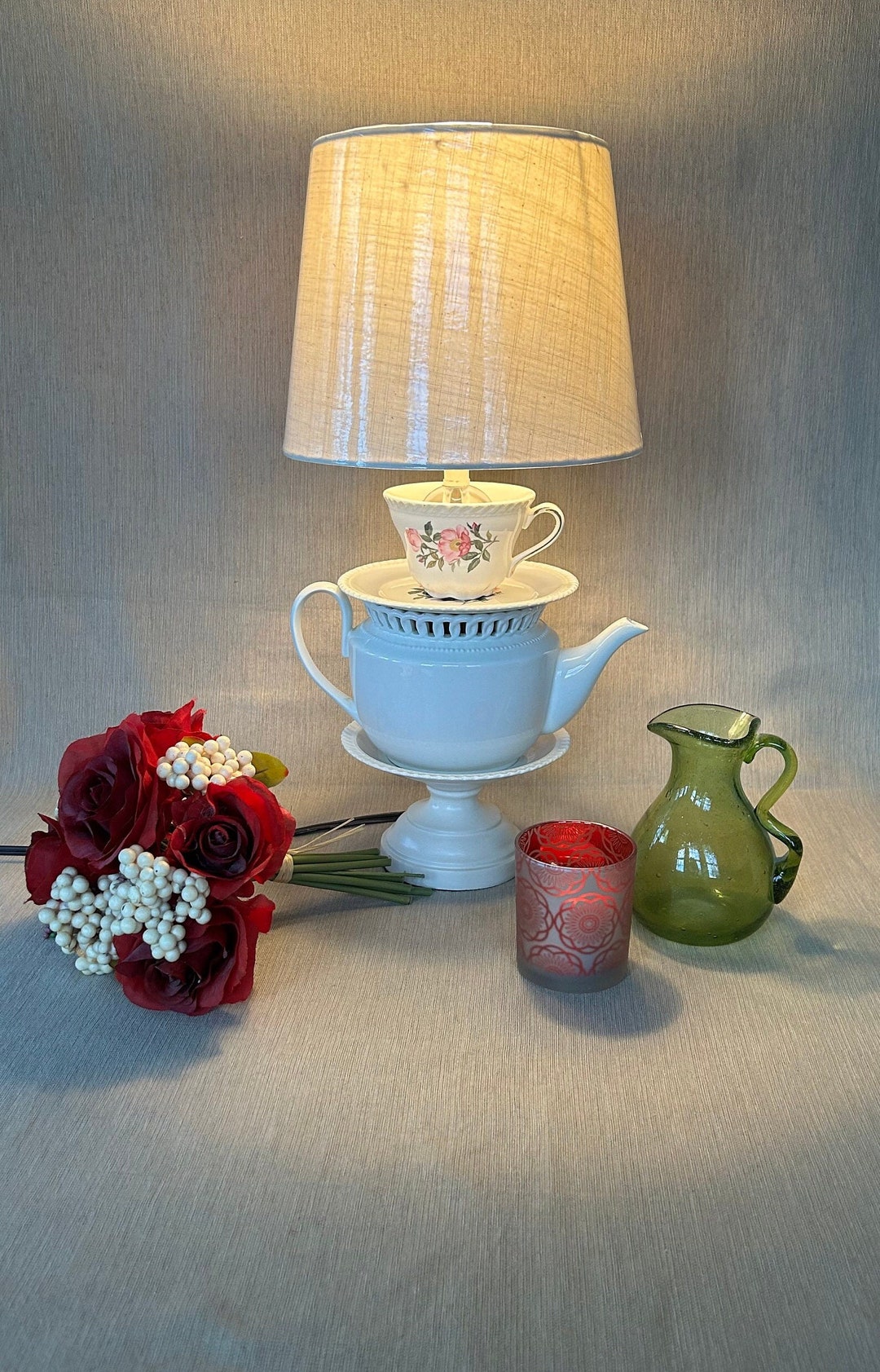 Ivory/pink Rose Stacked Teapot and Teacup Table Lamp Etsy