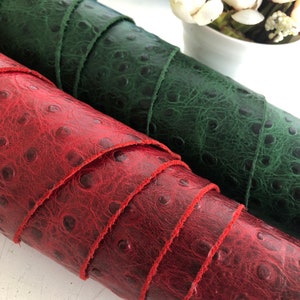 Red & Green Embossed Ostrich Veg Tan Leather 100% Real Cowhide Leather Sheets
