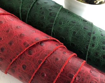 Red & Green Embossed Ostrich Veg Tan Leather 100% Real Cowhide Leather Sheets