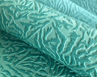 Light Aqua Blue Embossed Leaves Textured 100% Real Cowhide Leather Pieces Sheets - Jewellery Craft Bag Making
