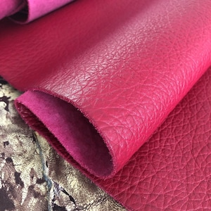 Hojas de cuero de grano completo granulado color rosa oscuro MAGENTA 100 % piel de vaca auténtica Piezas