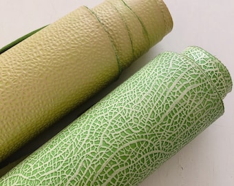 Green Beige Embossed Melon Skin Textured Veg Tan 100% Real Cowhide Leather Sheets Multiple Sizes