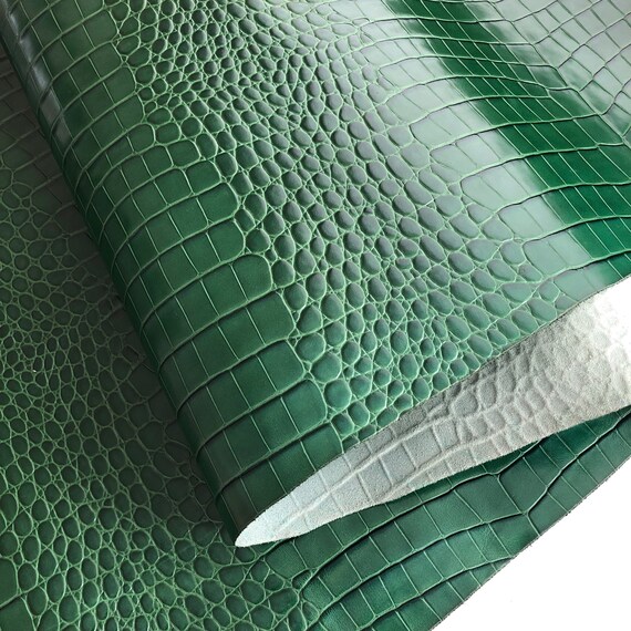 Green Crocodile Skin Textured Veg Tan 100% Cowhide Leather Sheets Pieces for Watch Straps Bags Hand Craft