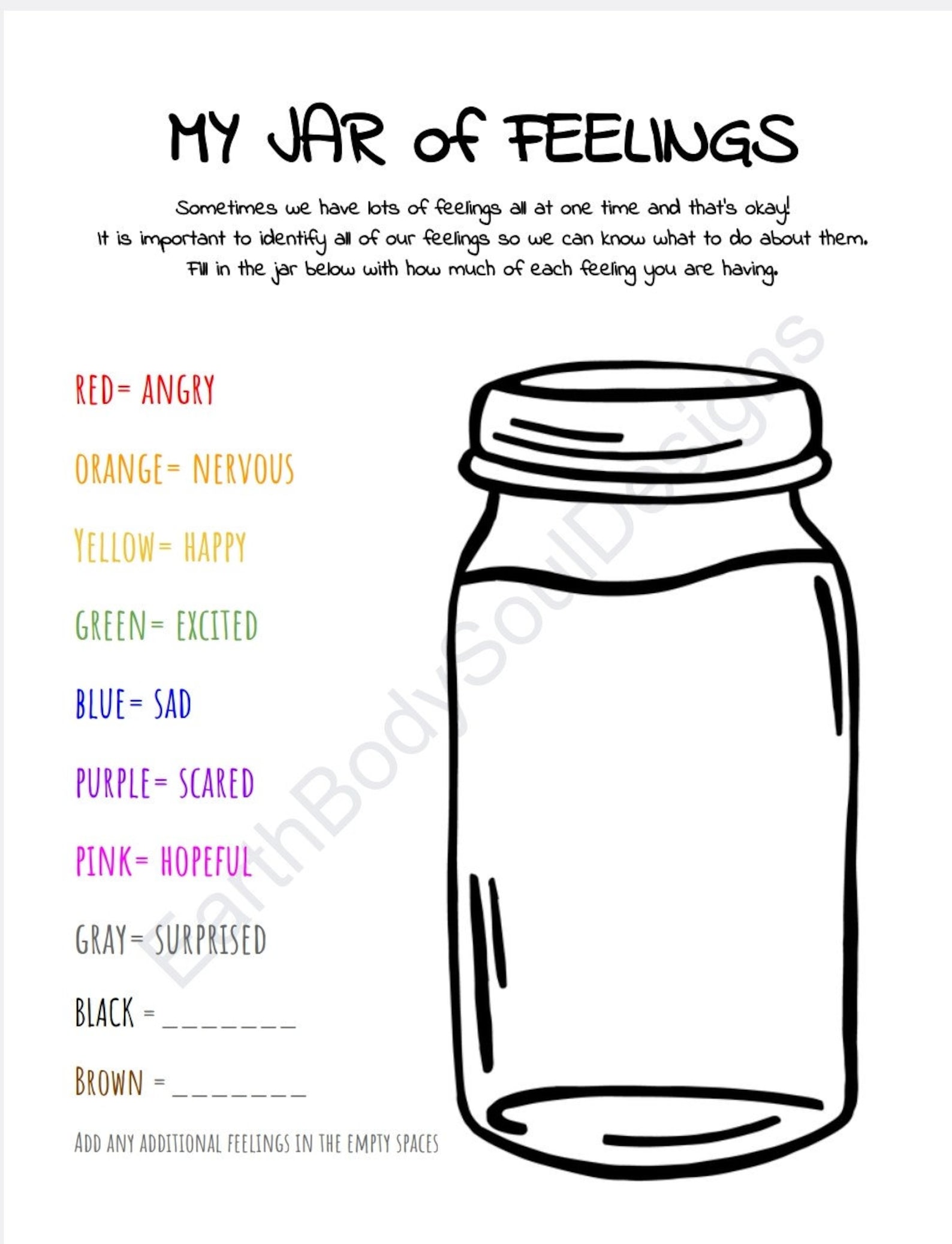 My Jar of Feelings Worksheet Etsy