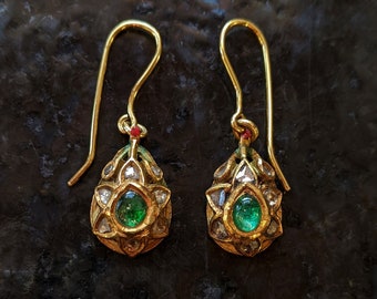 Antique Indian Kundan Earrings with Diamonds and Enamel
