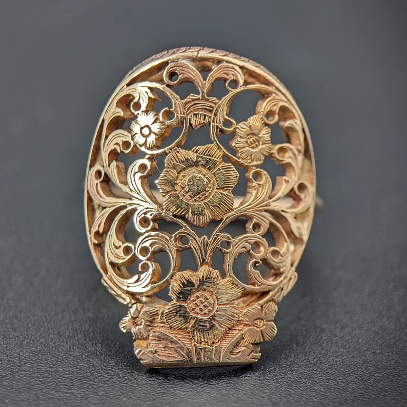 Gold ring remodeled from the balance bridge of an 18th century verge fusee pocket watch, LGZA Antique Jewelry