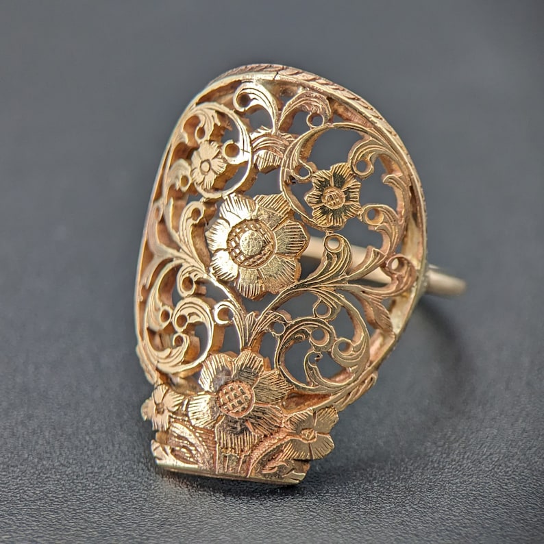 Gold ring remodeled from the balance bridge of an 18th century verge fusee pocket watch, LGZA Antique Jewelry