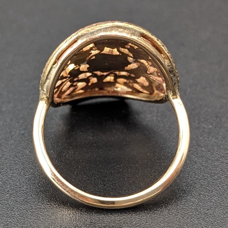 Gold ring remodeled from the balance bridge of an 18th century verge fusee pocket watch, LGZA Antique Jewelry