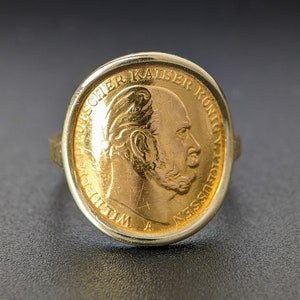 Gold Ring with 5 Mark Gold Coin of the German Empire &quot;1887&quot;, vintage～ Wilhelm I. ,Deutscher Kaiser König von Preussen～US 4.75/ UK J / 49mm