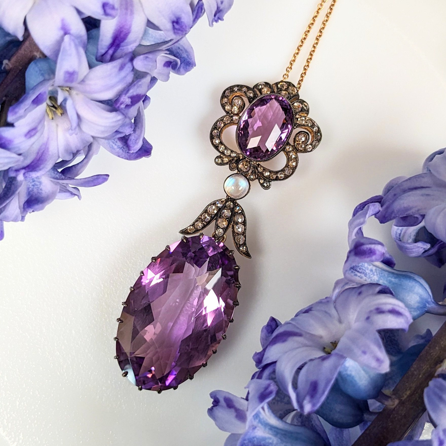 Magnificent amethyst pendant with diamonds and moonstone, made in antique style of late 19th century (with chain)