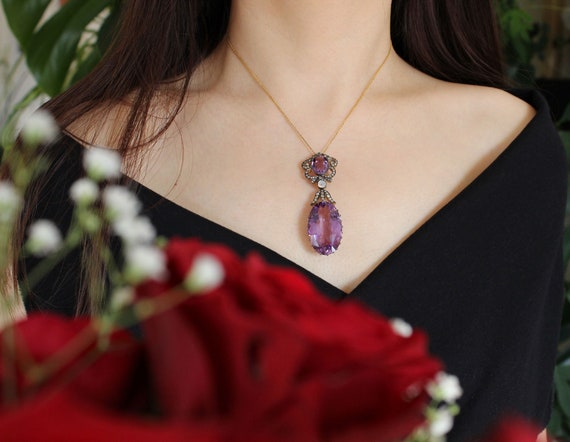 Magnificent amethyst pendant with diamonds and mo… - image 10
