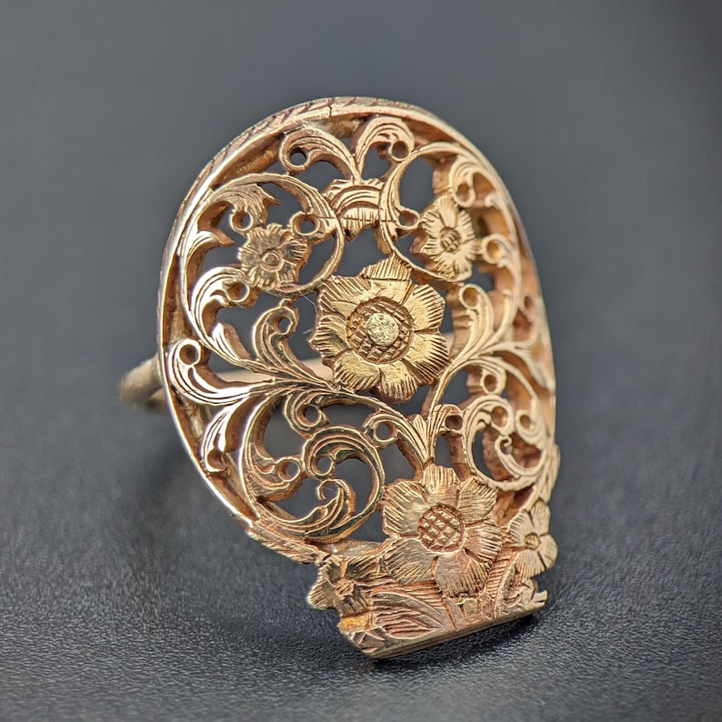 Gold ring remodeled from the balance bridge of an 18th century verge fusee pocket watch, LGZA Antique Jewelry