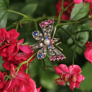 Antique victorian multi-gemstones butterfly brooch with ruby, sapphire and diamond, c. 1890