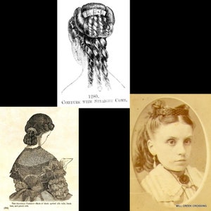 May include: A black and white illustration of a woman's hairstyle from the 1800s. The hair is styled in a bun with braids. The text "1280. COIFFURE WITH STRAIGHT COMB." is below the illustration.
